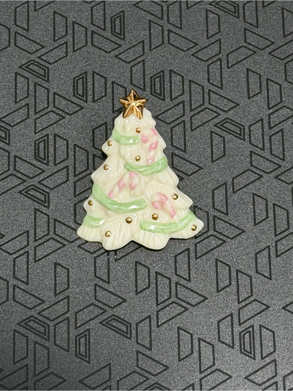Vintage Lenox Ceramic White and Green Christmas Tree with Gold Accents Brooch